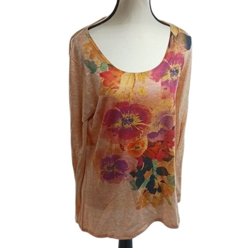 Coldwater Creek Womens Size M Floral Long Sleeve Top Orange Scoop Neck Casual